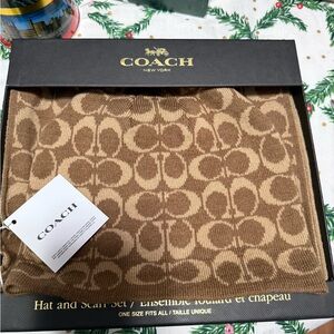 Coach Tan Logo Hat and Scarf Set